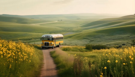 A nostalgic journey. A vintage bus travels down a path lined with sunflowers, through rolling green...