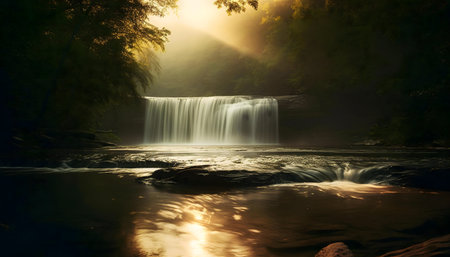 A breathtaking waterfall bathed in the golden light of sunrise. Peaceful nature scene.