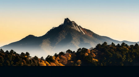 Serene mountain landscape at sunrise. Autumn foliage.の写真素材