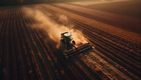 Aerial shot of a combine harvester working in a field at sunset.