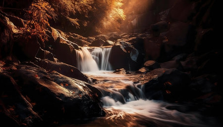 A picturesque waterfall cascading over dark rocks in an autumnal forest, bathed in warm sunlight.の写真素材