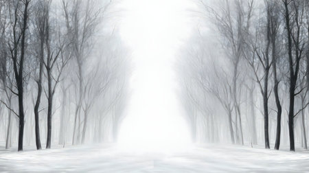 A tranquil winter scene, showing a misty path through a snowy forest. Peaceful atmosphere.の写真素材