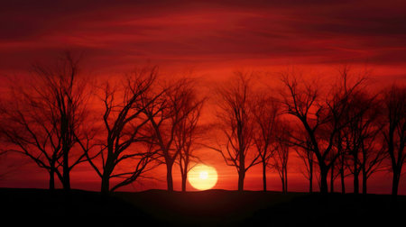 Stunning sunset with silhouettes of bare trees against a fiery red sky.の写真素材
