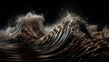 Abstract image of dark metallic waves, showcasing texture and movementの写真素材