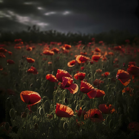 A stunning field of red poppies under a dramatic, dark sky. The vibrant colors contrast beautifully.の写真素材