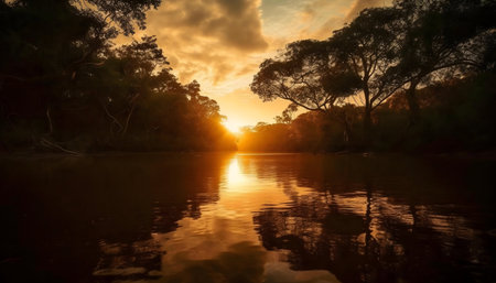 Stunning sunset over a tranquil river, golden light reflecting on the water.の写真素材