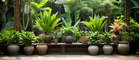 Tranquil image of potted plants in a lush tropical garden. Serene and calm atmosphere.の写真素材