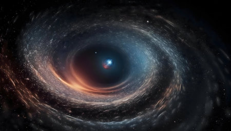 Stunning cosmic swirl. Black hole's mesmerizing gravity. Mysterious, beautiful space.