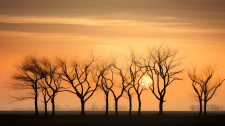 Bare trees silhouetted against a vibrant sunset. Peaceful and serene landscape.の写真素材