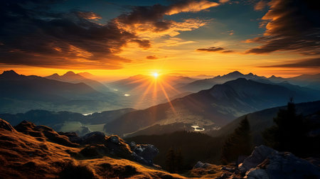 Stunning sunrise paints the mountain peaks in fiery hues.の写真素材