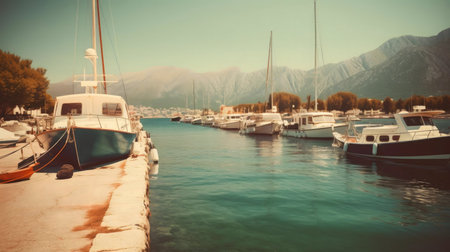 Calm harbor with boats and mountainsの写真素材