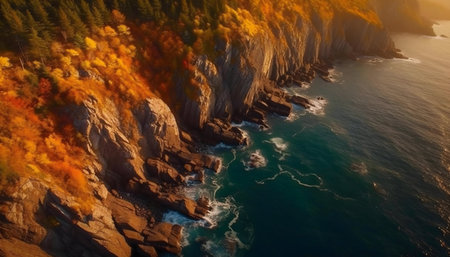 Breathtaking aerial view of autumnal coastal cliffs and ocean waves.の写真素材