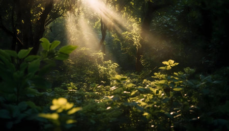 Sunbeams piercing through dense forest canopyの写真素材