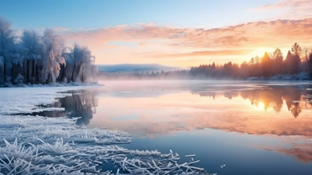 Breathtaking winter sunrise, frozen river, misty forest reflection