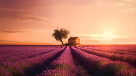 Tranquil sunset over a lavender field with a small house and a treeの写真素材