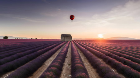 Picturesque sunrise over a lavender field in Provence, France. A hot air balloon floats above a solitary farmhouse.の写真素材