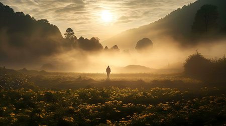 A lone figure walks through a misty field at sunrise, surrounded by mountains.の写真素材