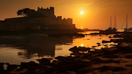 Majestic castle silhouetted against a vibrant sunrise, sailboats at anchor, reflecting in calm waters.の写真素材