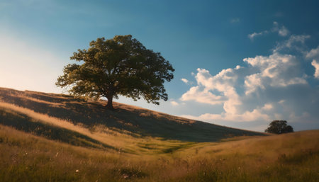 A lone tree stands majestically on a rolling hill, bathed in sunlight. The sky is a vibrant blue,...