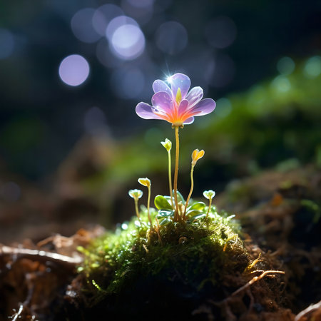 A lone flower blossoms in a mossy forest, bathed in sunlight. Its delicate beauty evokes a sense of magic and serenity.の写真素材