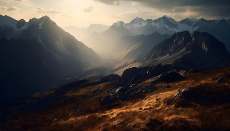 Breathtaking sunset view over a majestic mountain range. Serene and peaceful nature.