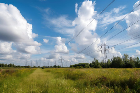 A picturesque summer landscape featuring power lines across a grassy field under a vibrant blue sky with fluffy clouds.の写真素材