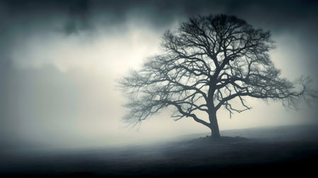 A lone tree stands in a misty field under a dark sky.の写真素材