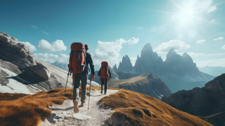 Two hikers with backpacks trek along a mountain trail with stunning views.の写真素材
