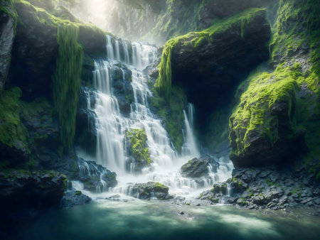 Serene waterfall cascading down mossy rocks. A tranquil scene in a lush green forest.の写真素材