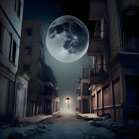 A large moon dominates a quiet, deserted city street at night.の写真素材