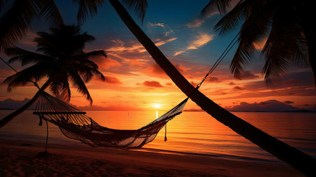 Serene sunset view, hammock on tropical beachの写真素材