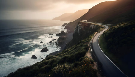 Serene coastal road at sunset. Dramatic view.の写真素材