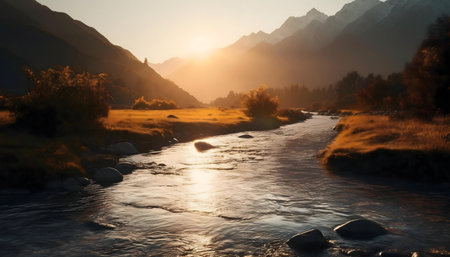 Golden hour illuminates a serene river flowing through a mountain valley. Peaceful landscape.の写真素材