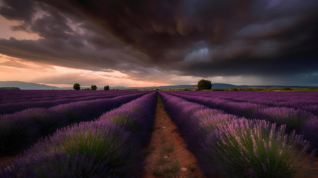 Stunning lavender field at sunset with dramatic clouds.の写真素材