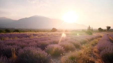 Picturesque lavender field at sunrise. Stunning viewの写真素材