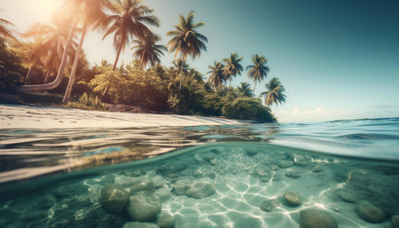 Stunning underwater beach view with palm trees, clear water, and sunlight.の写真素材