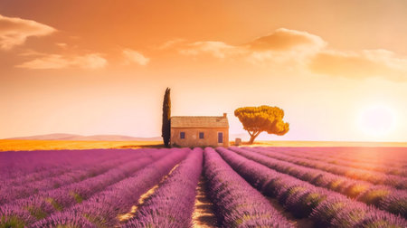 Sunset over a lavender field in Provence, France. A charming cottage stands amidst the rows of purple flowers.の写真素材