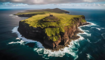 Stunning aerial shot of a rugged island with steep cliffs, crashing waves, showcasing breathtaking coastal scenery.の写真素材