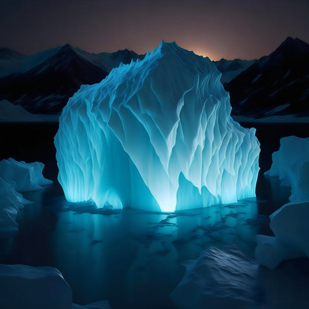 Stunning nighttime view of a luminous blue iceberg in the Arctic. Majestic glacial scene.