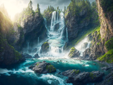 Breathtaking waterfall cascading down rocky mountains. A vibrant scene of serene nature.の写真素材