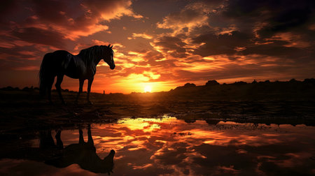 A black horse stands serene, reflected in still water at sunset. Fiery sky.の写真素材