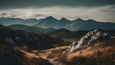 Serene mountain range landscape. Dramatic sky.の写真素材
