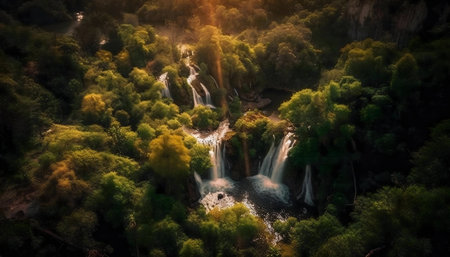 Stunning aerial shot of multiple waterfalls cascading through a dense green forest. Sunlight beams through the trees.の写真素材