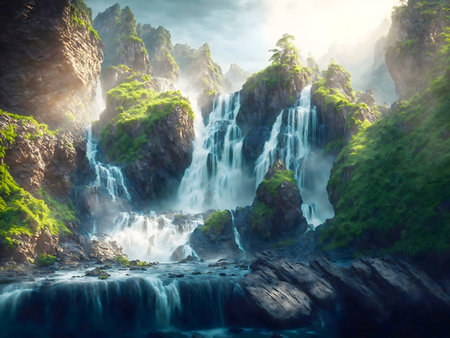 A breathtaking waterfall plunges down verdant mountains. Serene nature scene.の写真素材