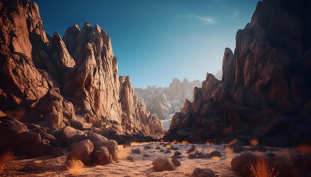 Breathtaking dawn view of a majestic mountain canyon, showcasing dramatic rock formations and a vast landscape.の写真素材