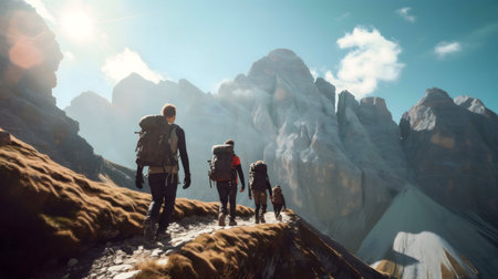 A group of hikers explores a stunning mountain range. The breathtaking view of the alpine landscape...