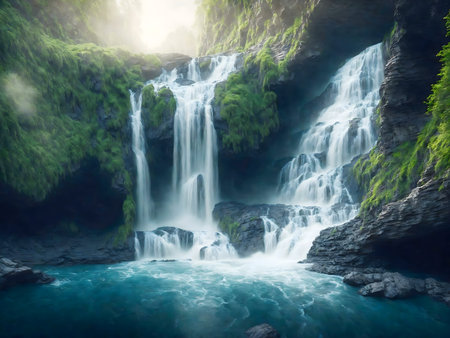 Serene waterfall in a lush forest. The water flows powerfully over mossy rocks.の写真素材