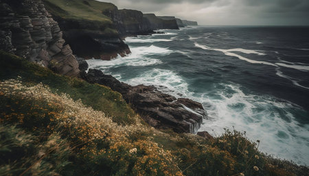 Wild ocean waves crashing against dramatic cliffs. Scenic coastal viewの写真素材