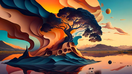 A digital painting of a surreal landscape with a large tree at the center, abstract forms and a calm lakeの写真素材