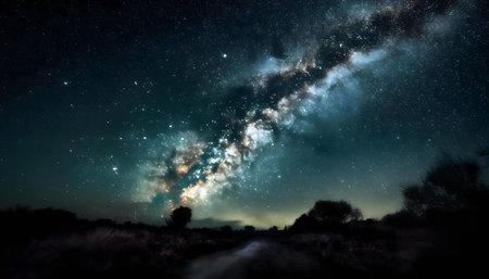 Stunning night sky view of the Milky Way galaxy over a dark, silhouetted landscape.